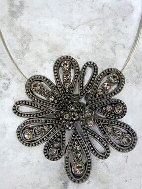 Chico's Gunmetal Smoky Rhinestone Flower Pendant Multi Wire Statement Necklace.
